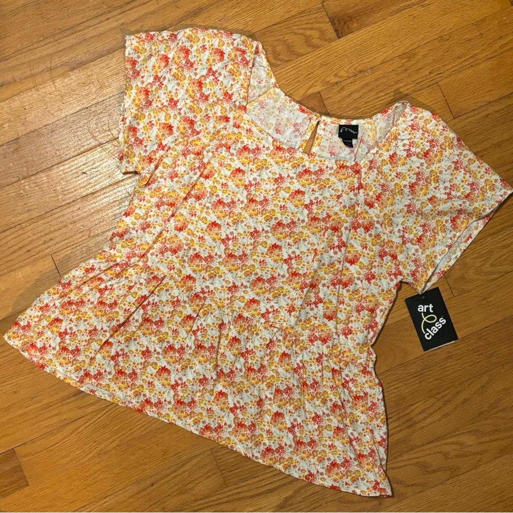 Big Girls’ Short Sleeve Floral Blouse with Peplum Waist, Size XL 14/16, NWT